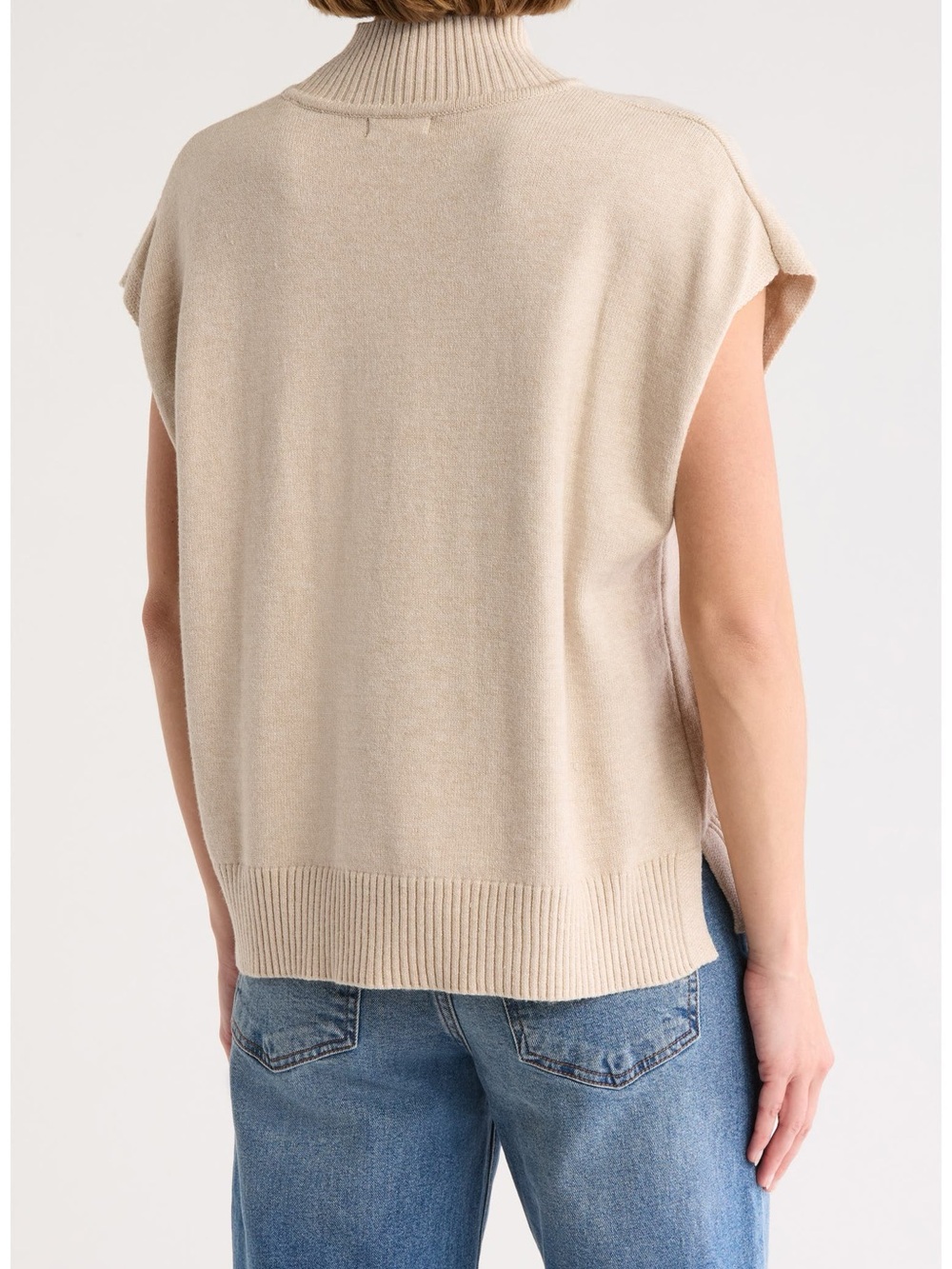 Max Studio Beige Mock Neck Sweater Vest Cap Sleeve Knit Top Quiet Luxury - Picture 2 of 8
